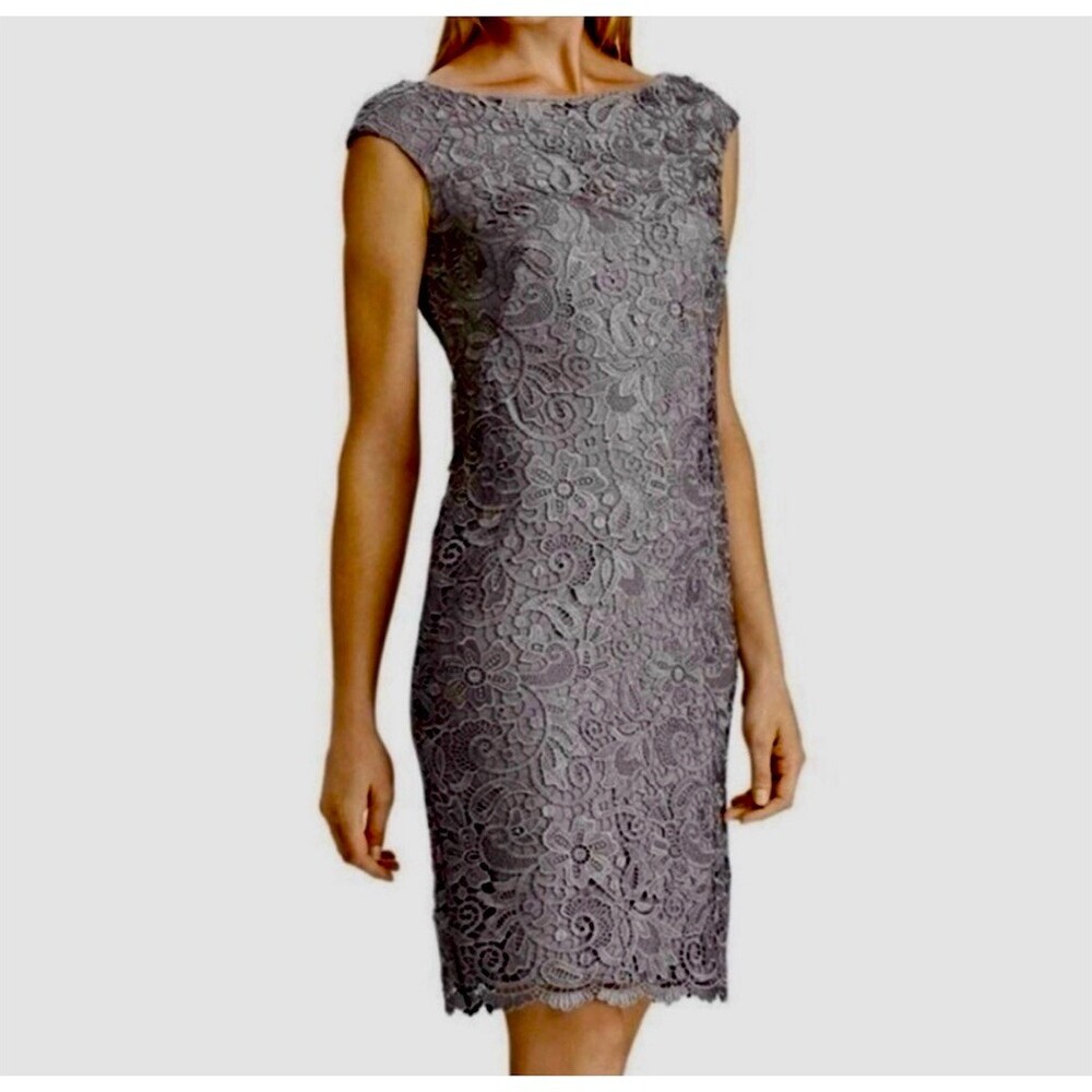 Lauren Ralph Lauren Dress Womens 10 Gray Lace Overlay Sheath Knee Length